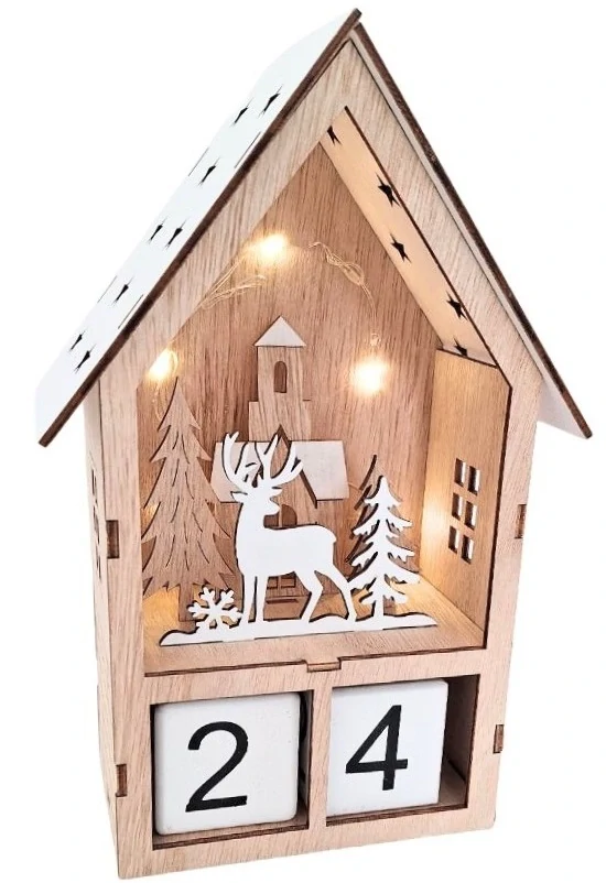 Dřevěný adventní kalendář domeček se sobem a s LED